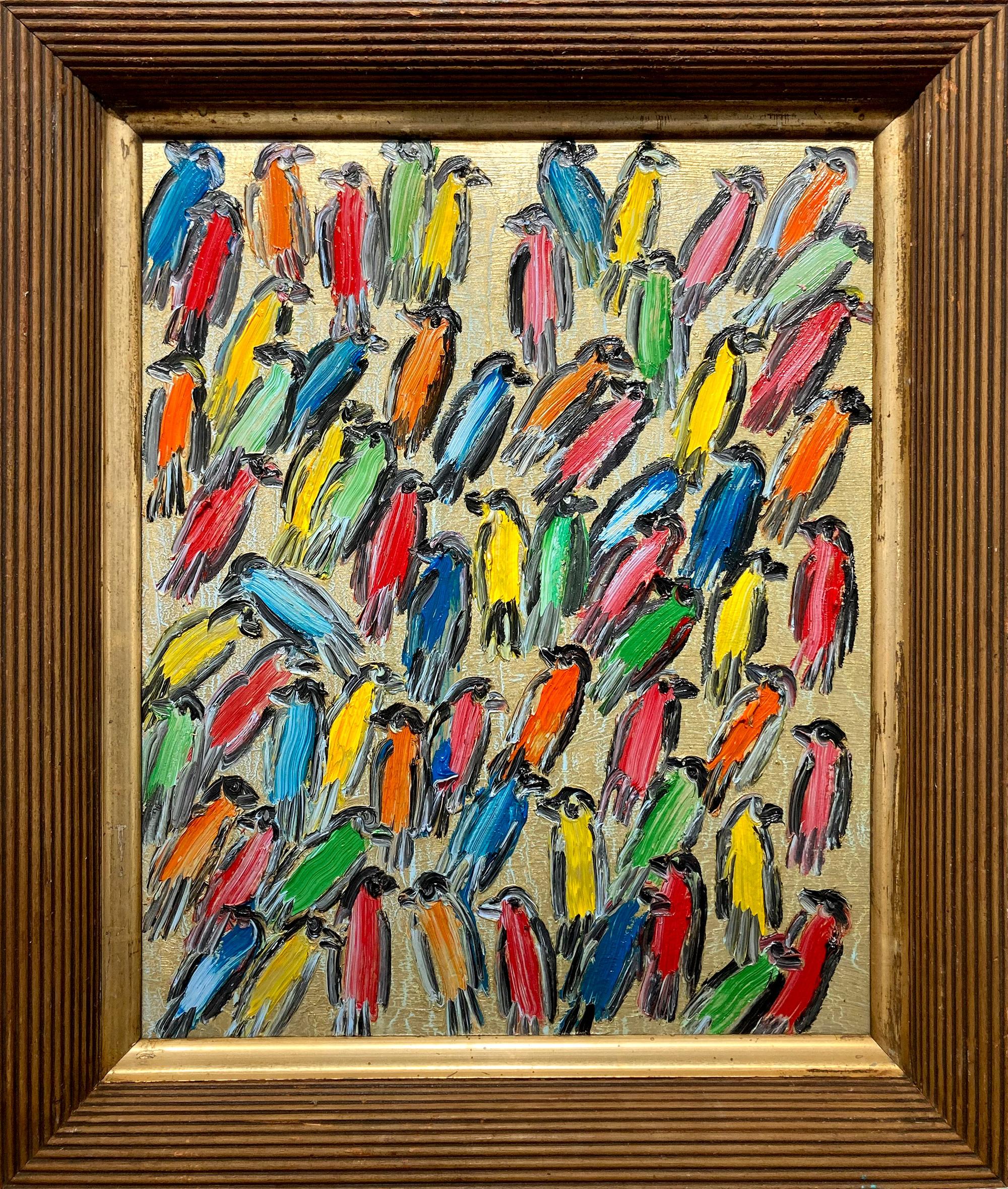 Hunt Slonem Animal Painting - "Finches" Multicolored Birds with Gold Background Oil Painting on Wood Framed