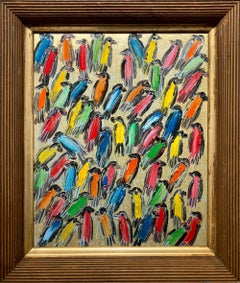 "Finches" Multicolored Birds with Gold Background Oil Painting on Wood Framed