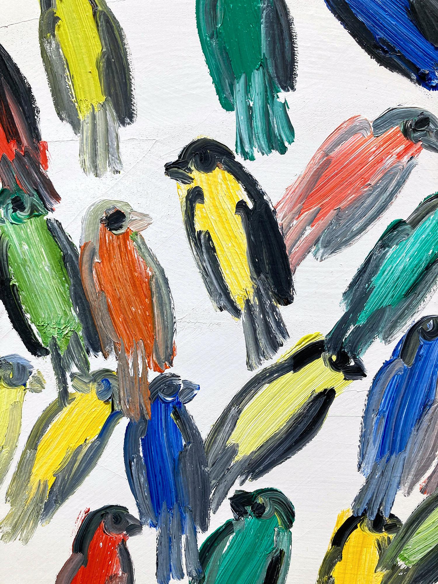 Peinture à l'huile sur toile « Fives », oiseaux multicolores avec fond blanc en vente 6