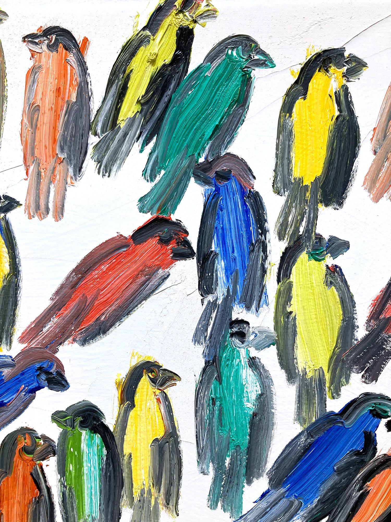 Peinture à l'huile sur toile « Fives », oiseaux multicolores avec fond blanc en vente 7
