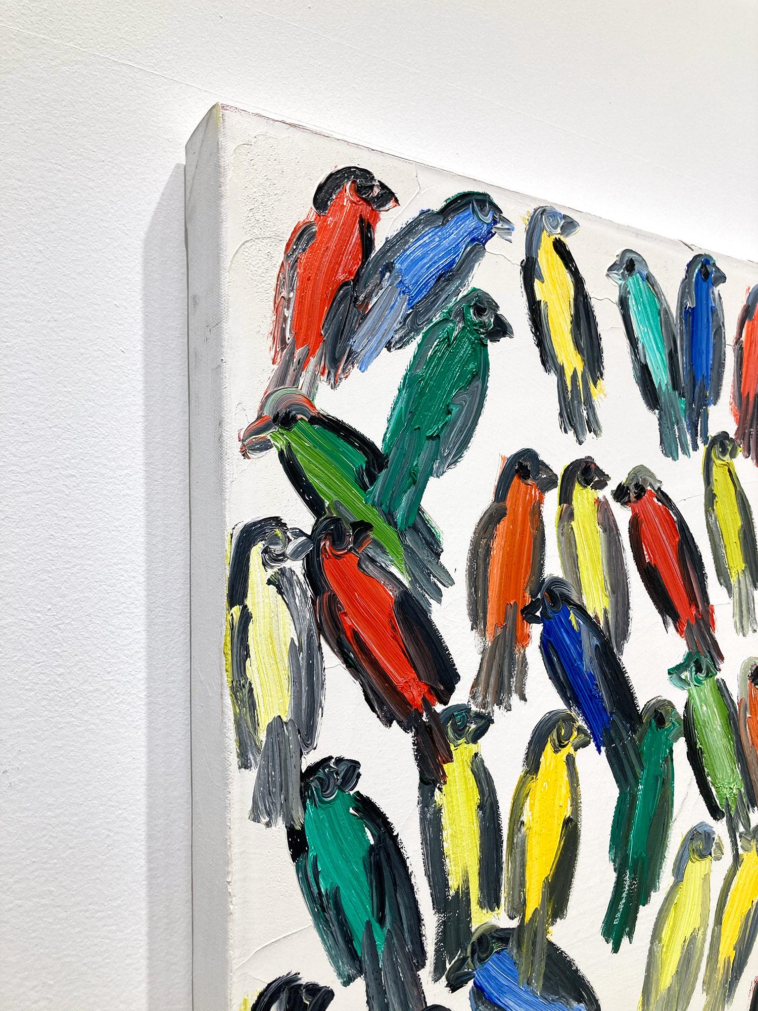 Peinture à l'huile sur toile « Fives », oiseaux multicolores avec fond blanc en vente 8