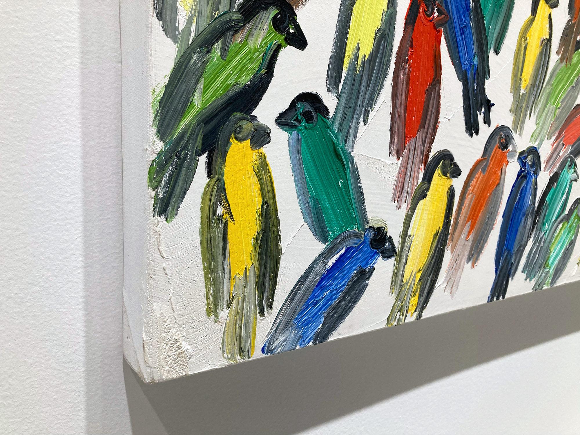 Peinture à l'huile sur toile « Fives », oiseaux multicolores avec fond blanc en vente 9