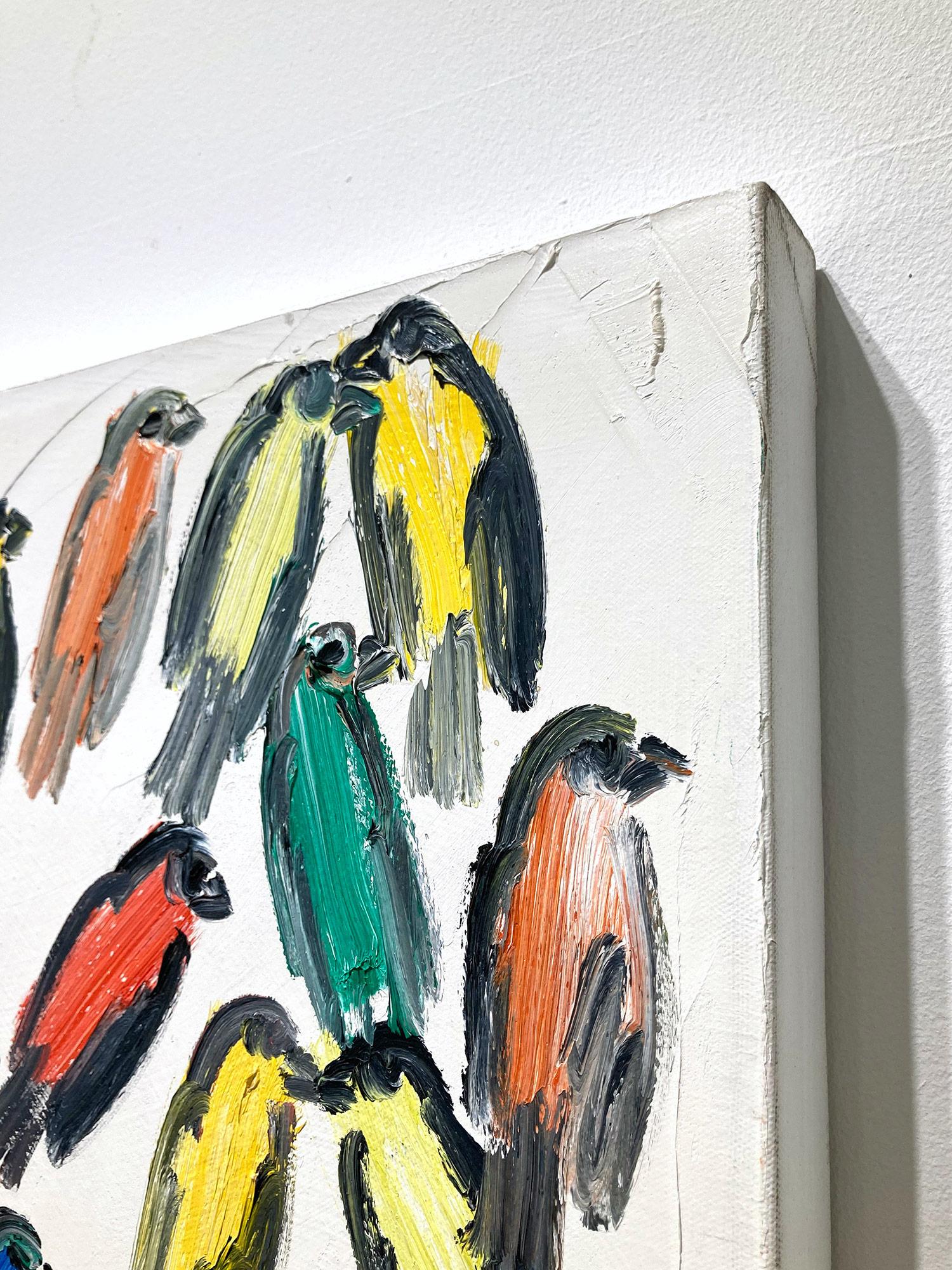 Peinture à l'huile sur toile « Fives », oiseaux multicolores avec fond blanc en vente 10