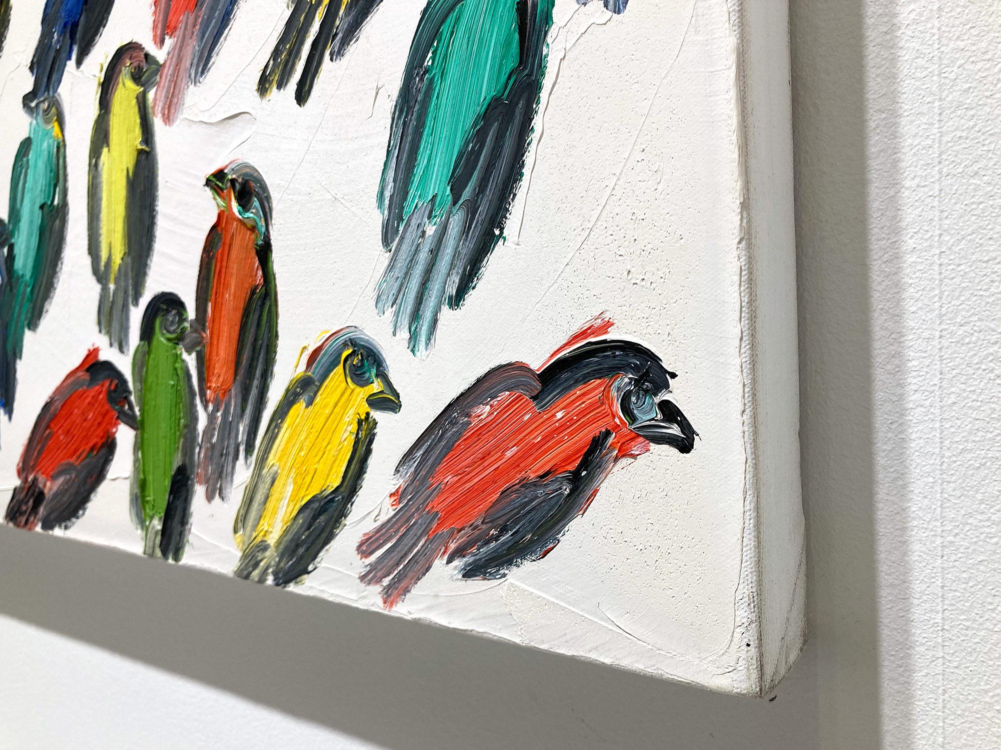 Peinture à l'huile sur toile « Fives », oiseaux multicolores avec fond blanc en vente 11