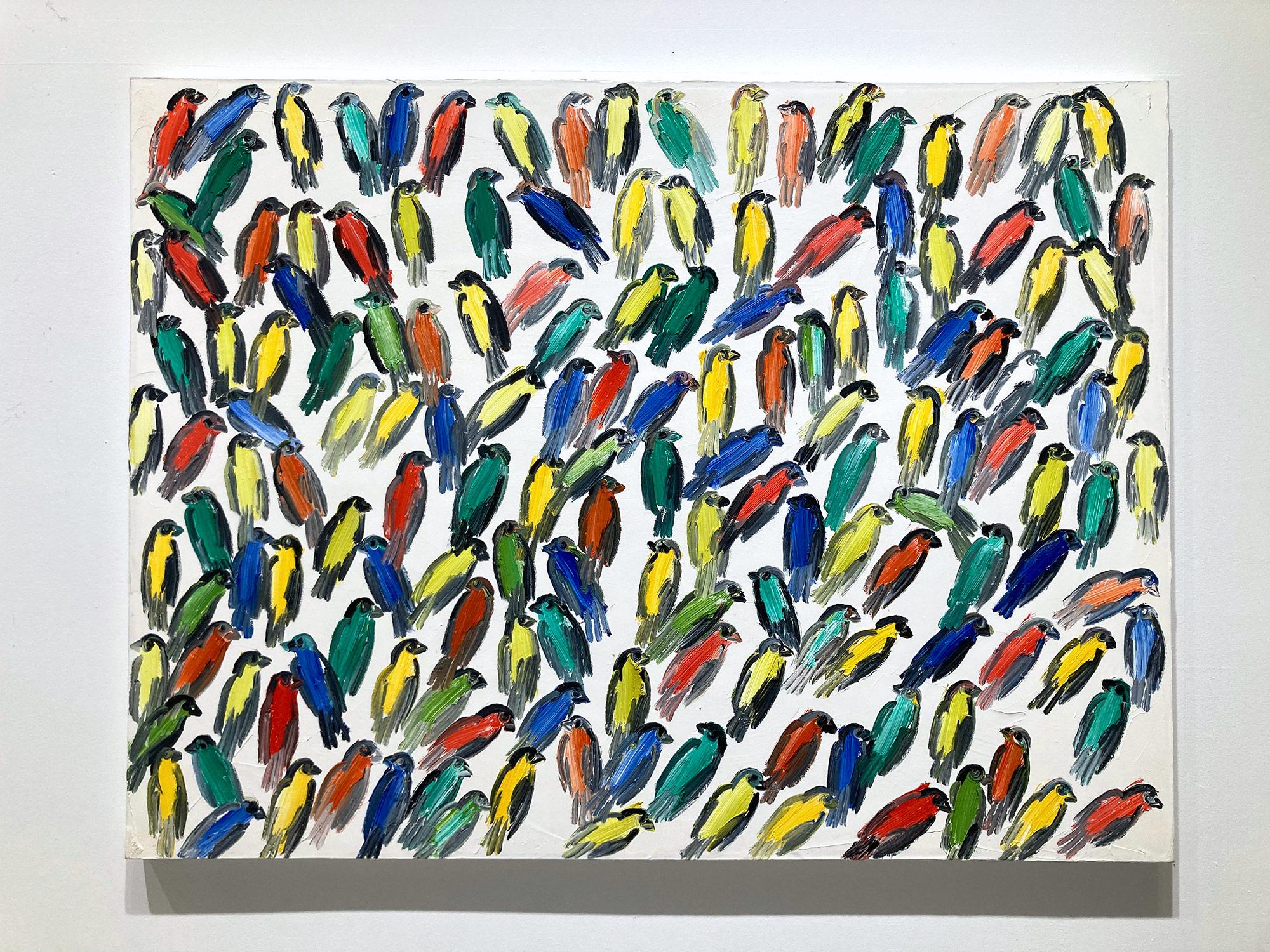 Peinture à l'huile sur toile « Fives », oiseaux multicolores avec fond blanc en vente 13