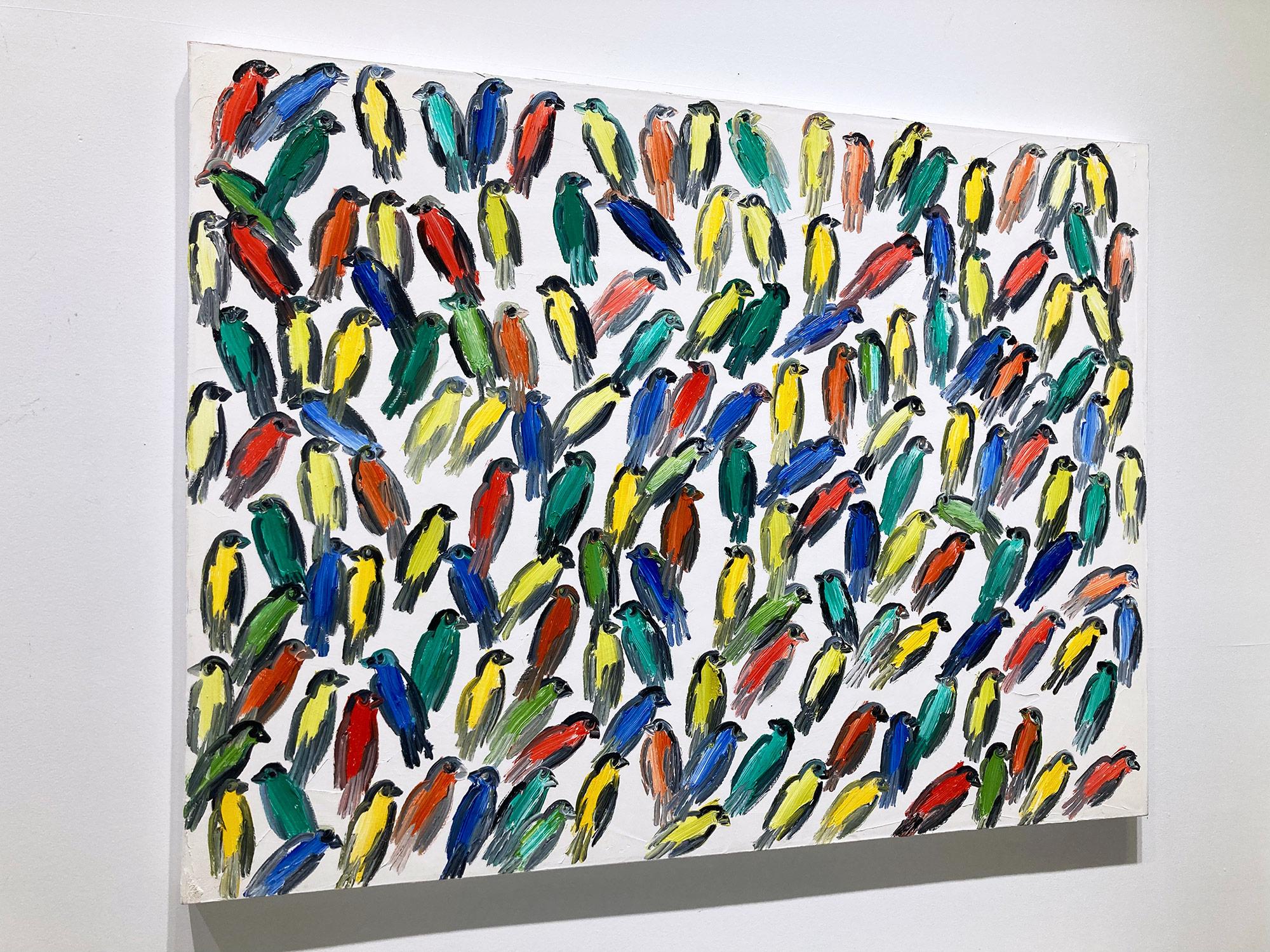 Peinture à l'huile sur toile « Fives », oiseaux multicolores avec fond blanc en vente 15
