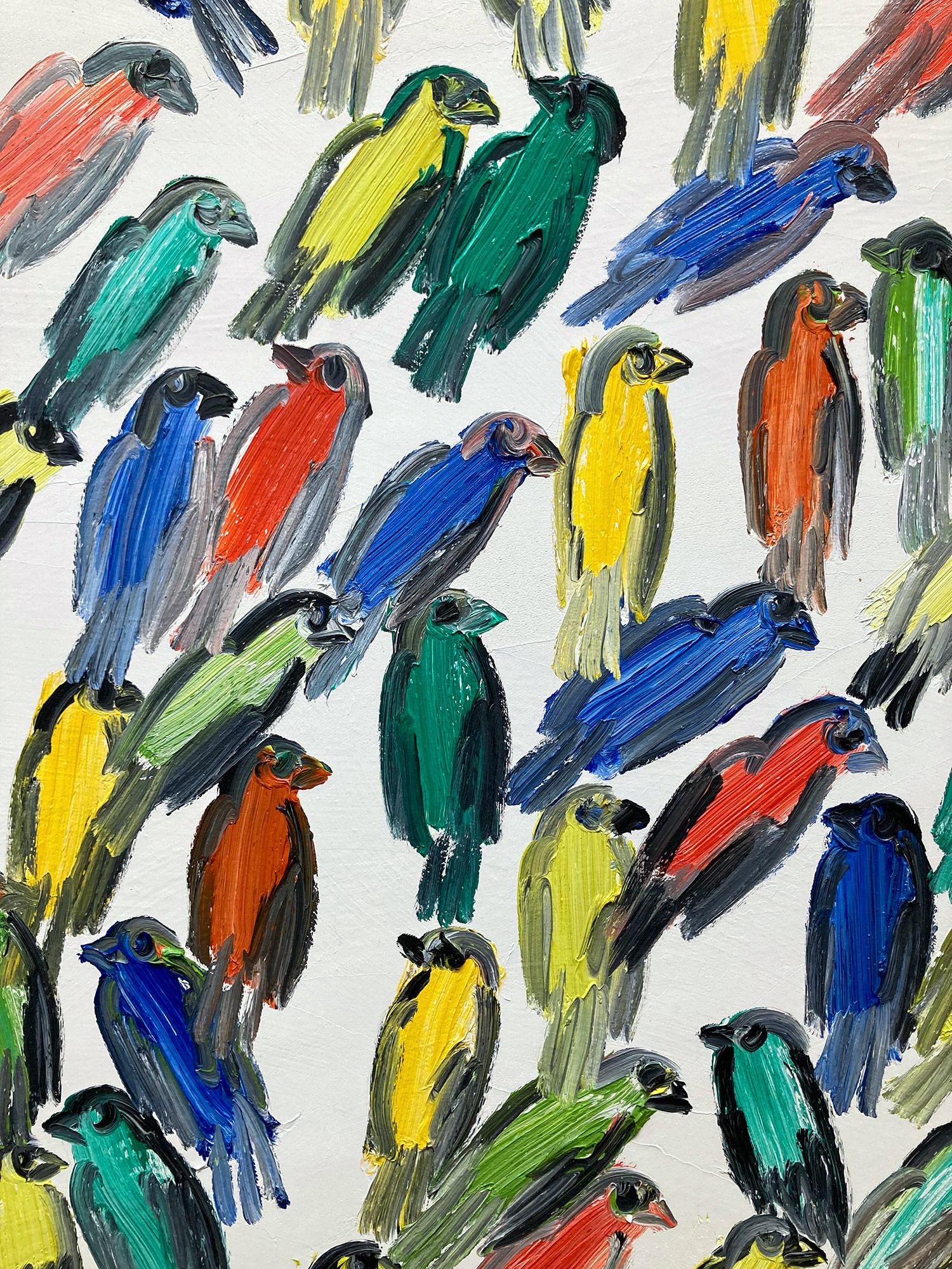 Peinture à l'huile sur toile « Fives », oiseaux multicolores avec fond blanc - Painting de Hunt Slonem