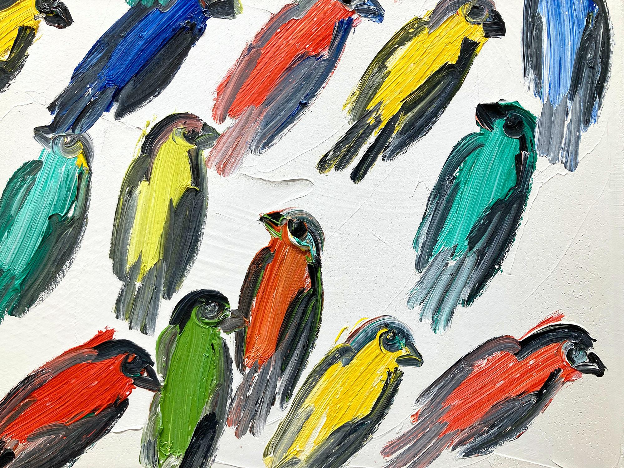 Peinture à l'huile sur toile « Fives », oiseaux multicolores avec fond blanc en vente 1