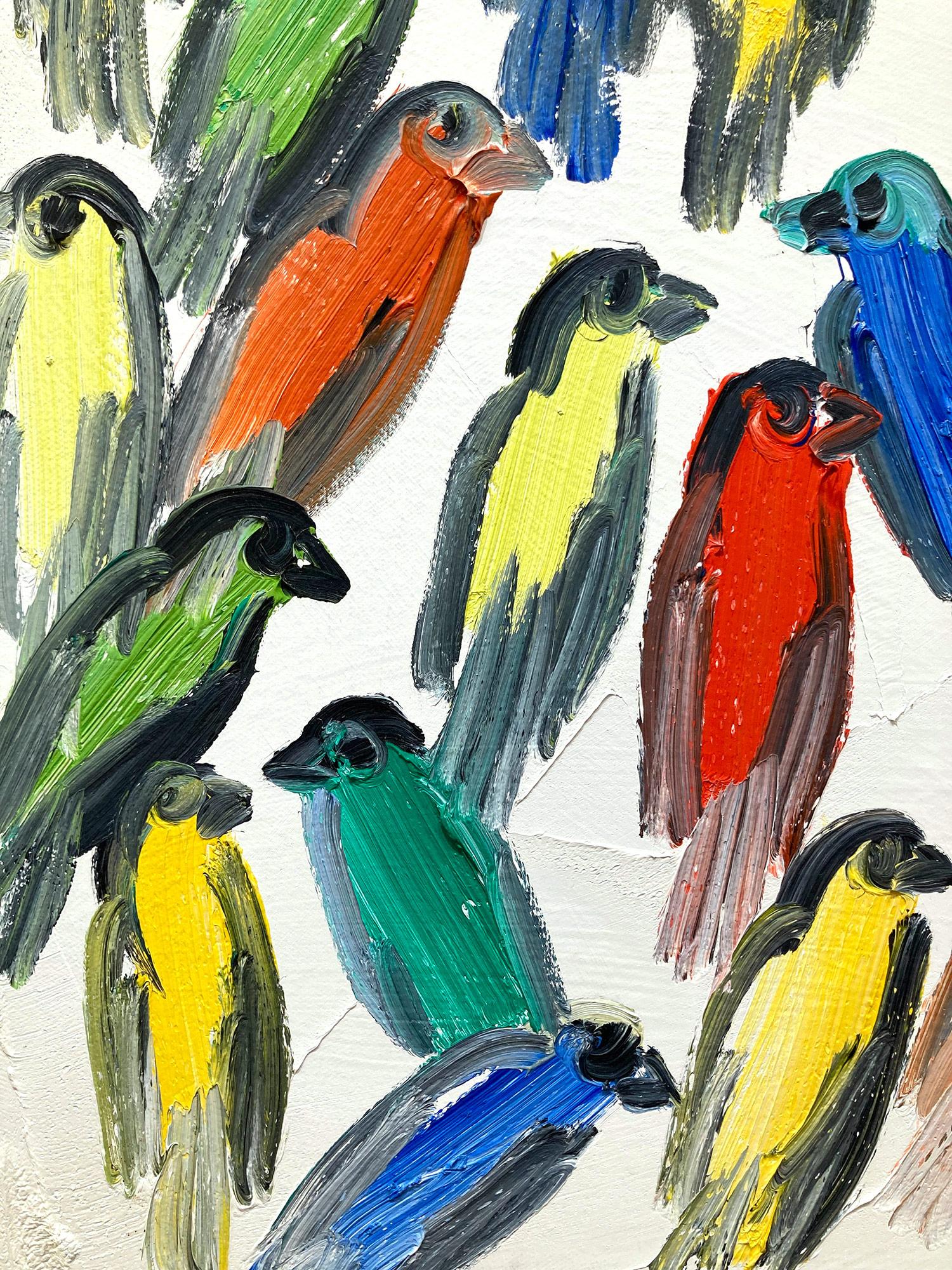 Peinture à l'huile sur toile « Fives », oiseaux multicolores avec fond blanc en vente 2