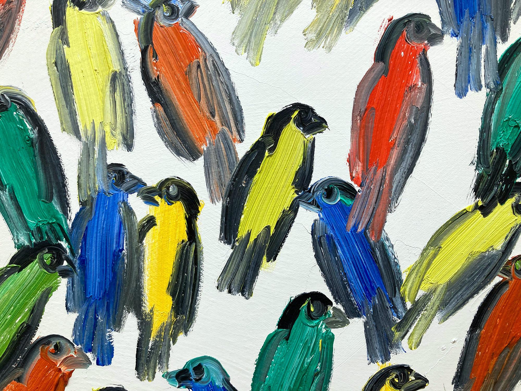 Peinture à l'huile sur toile « Fives », oiseaux multicolores avec fond blanc en vente 3