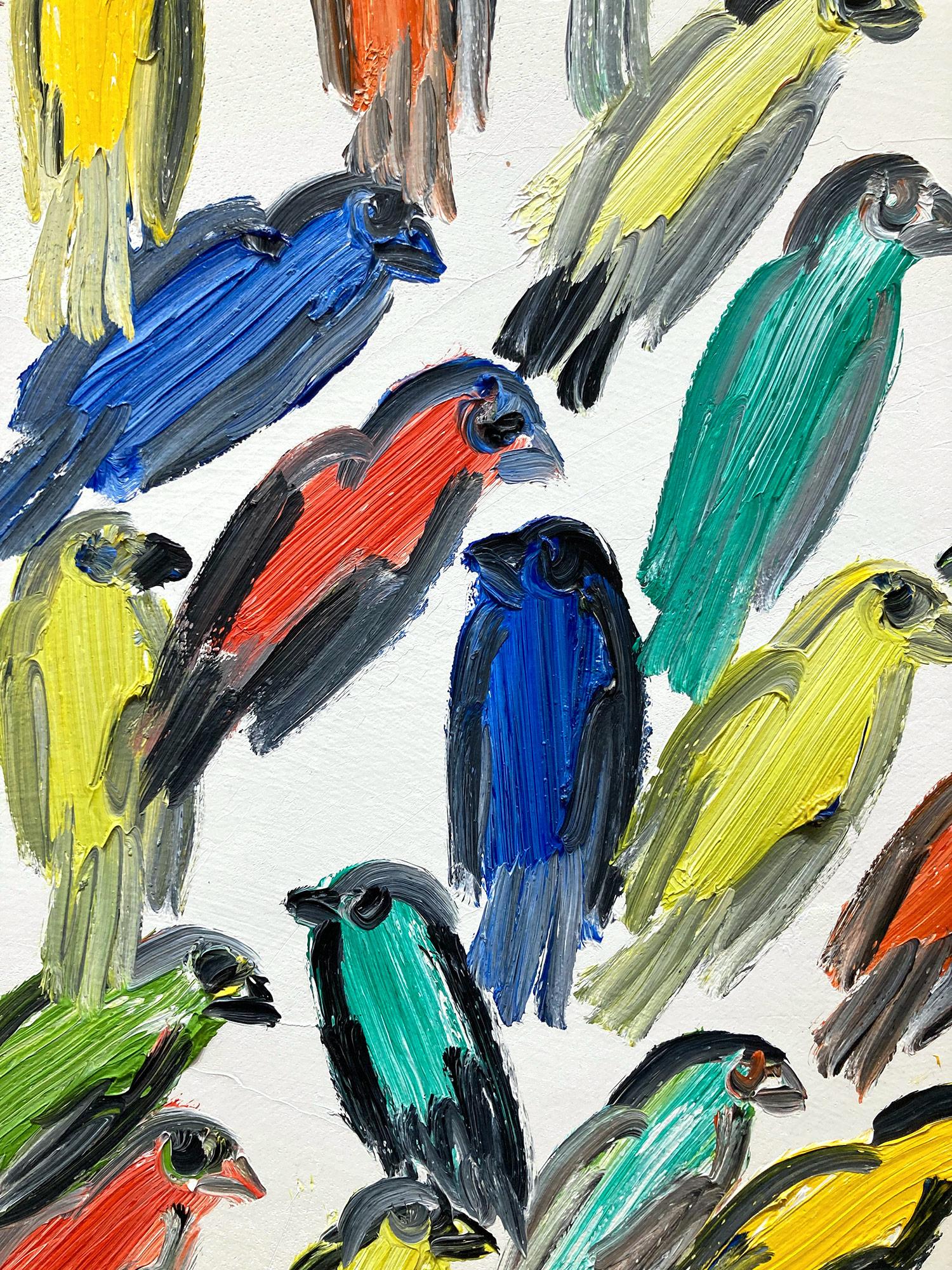 Peinture à l'huile sur toile « Fives », oiseaux multicolores avec fond blanc en vente 4