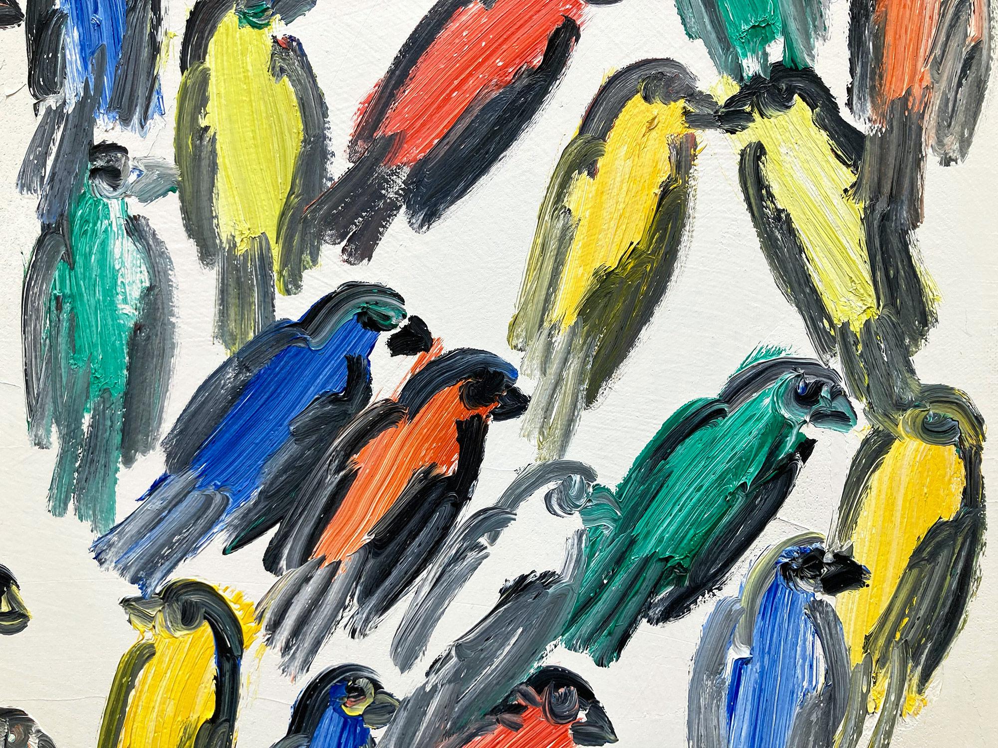 Peinture à l'huile sur toile « Fives », oiseaux multicolores avec fond blanc en vente 5