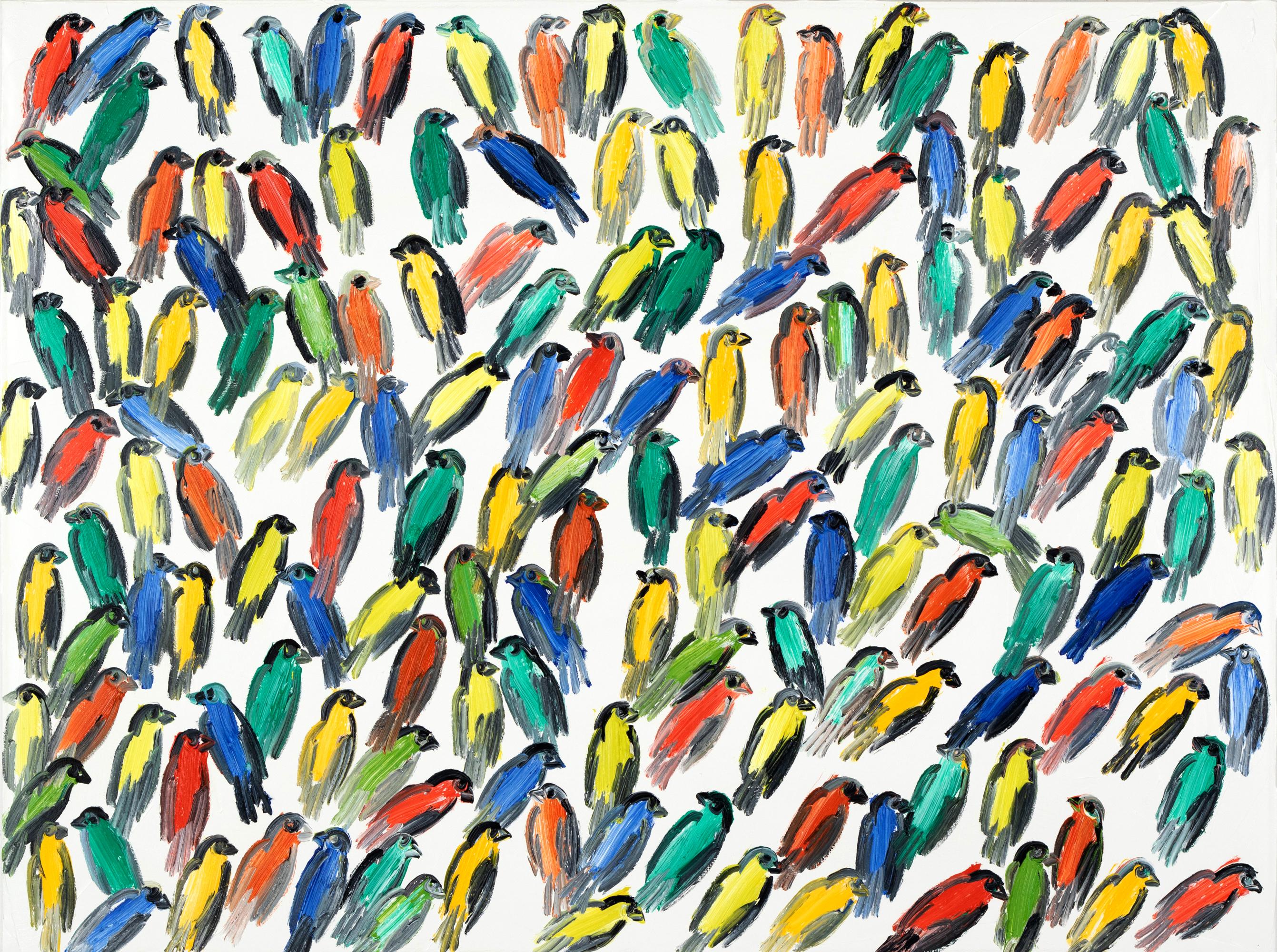 Abstract Painting Hunt Slonem - Peinture à l'huile sur toile « Fives », oiseaux multicolores avec fond blanc