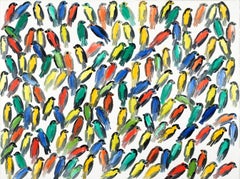 Peinture à l'huile sur toile « Fives », oiseaux multicolores avec fond blanc