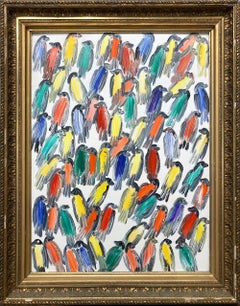 "Finches" Multicolored Birds with White Background Oil Painting on Wood Framed