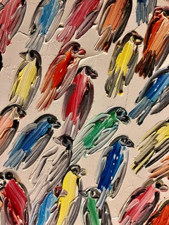 Finches Multicolored Tropical Birds, Antique Gold Frame, Original Oil Painting