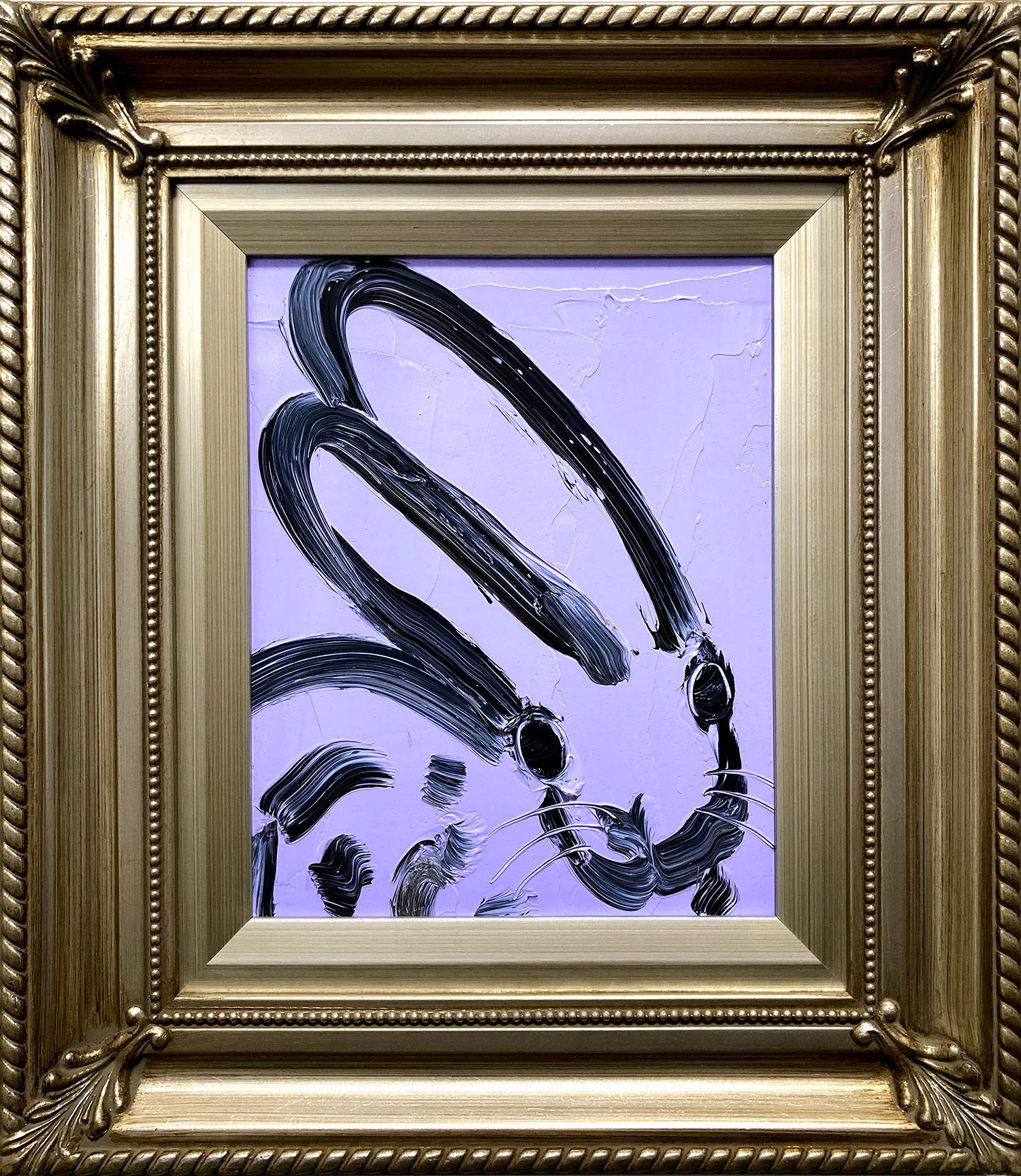 Hunt Slonem Abstract Painting - "Flip" Black Bunny on Lavender Purple Background Oil Painting on Wood Panel