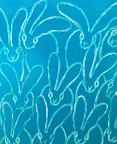"Fluffle in Diamond Dust" White Bunnies Turquoise Blue Diamond Dust Oil on Wood