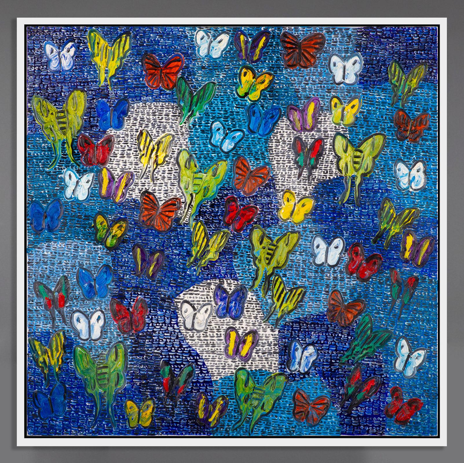 'Fly By Morning Cloak' è un capolavoro di Hunt Slonem. Le farfalle colorate danzano sulle cavità multicolore. Le farfalle volano insieme nella stessa direzione. Dietro di loro Slonem aggiunge dei trattini neri orizzontali per disturbare lo sfondo,