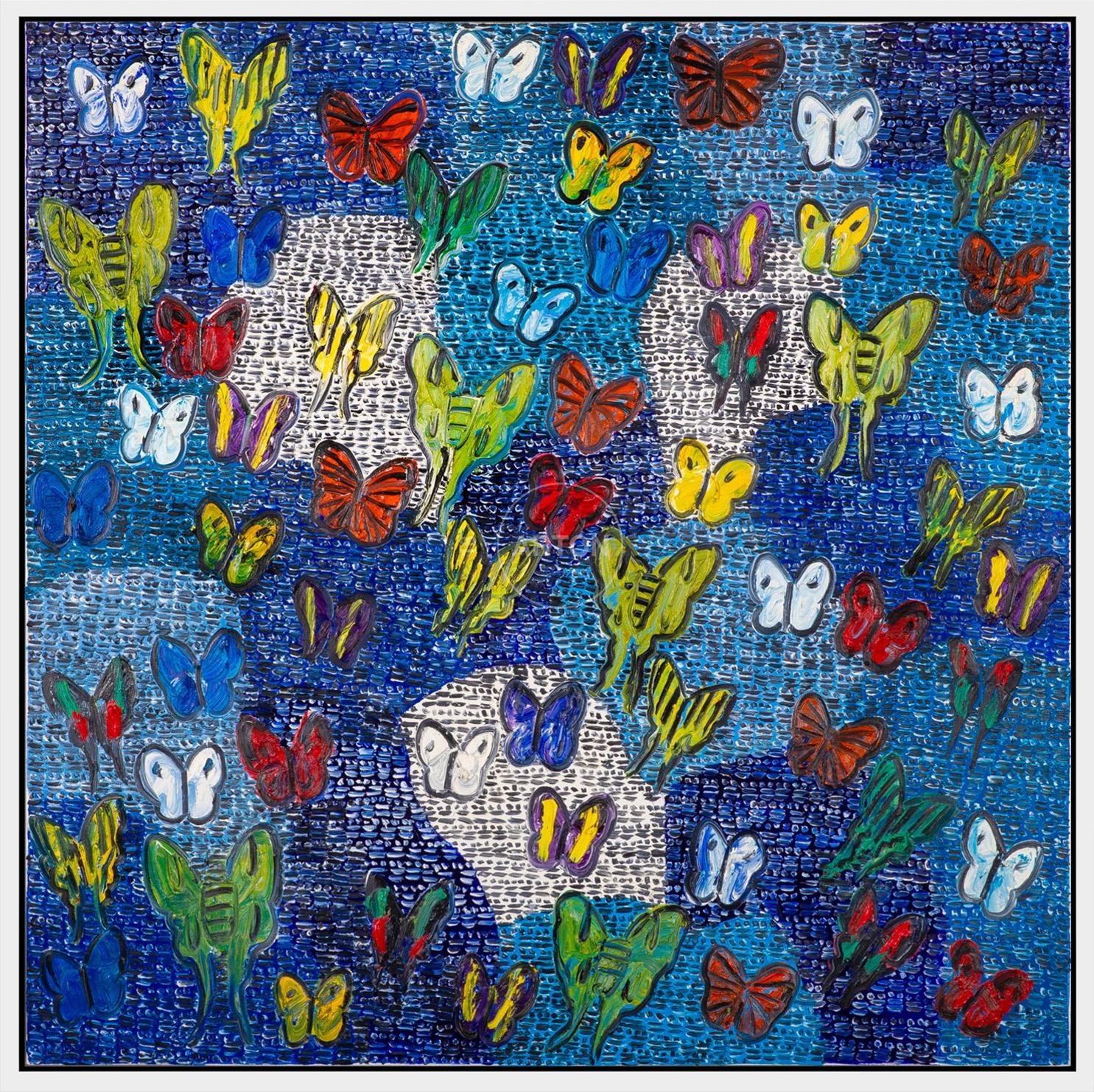 Hunt Slonem Abstract Painting - 'Fly By Morning Cloak' Unique painting