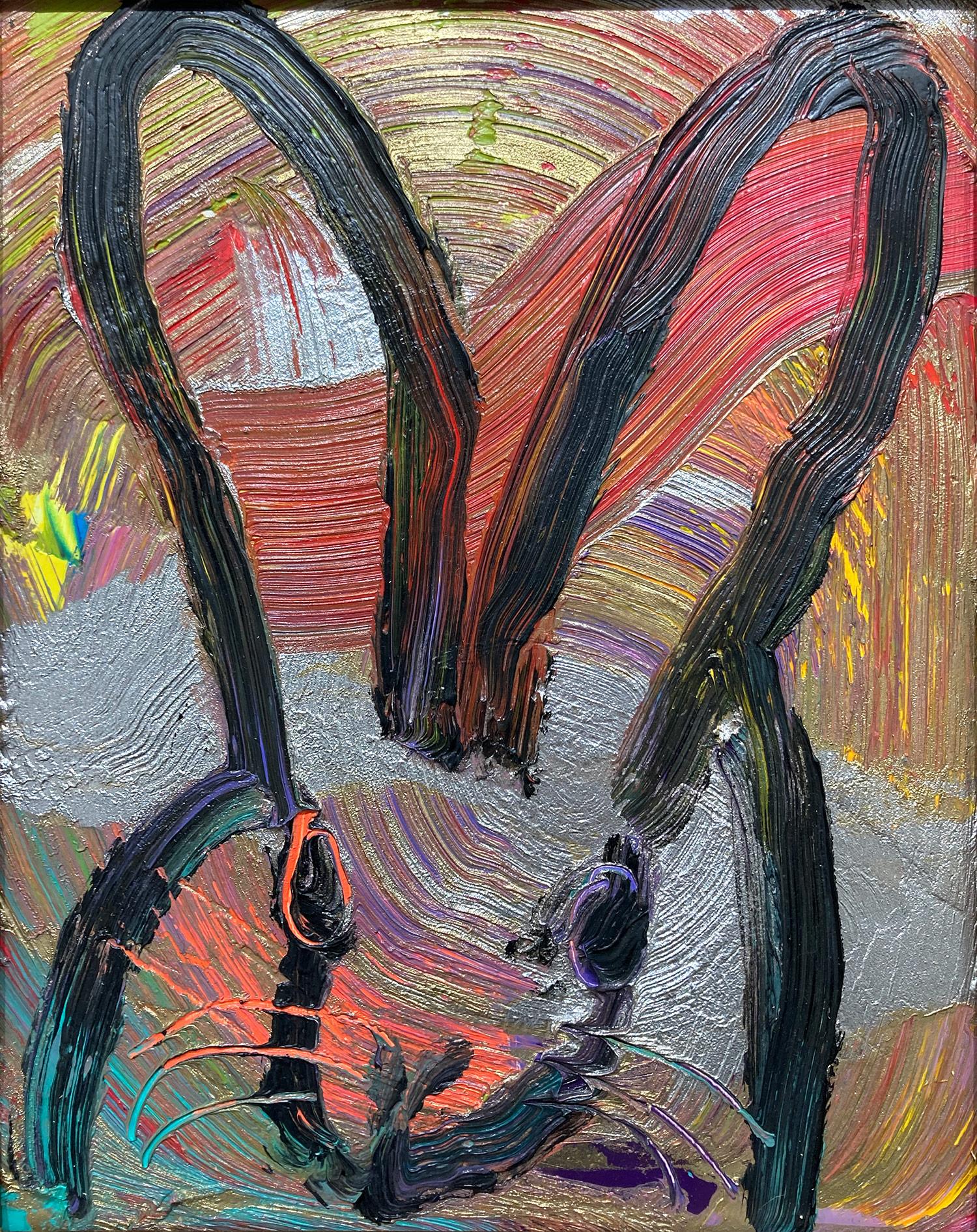 A wonderful composition of one of Slonem's most iconic subjects, Bunnies. This piece depicts a gestural figure of a black bunny on a multicolor metallic background with thick use of paint. Inspired by nature and a genuine love for animals, Slonem's