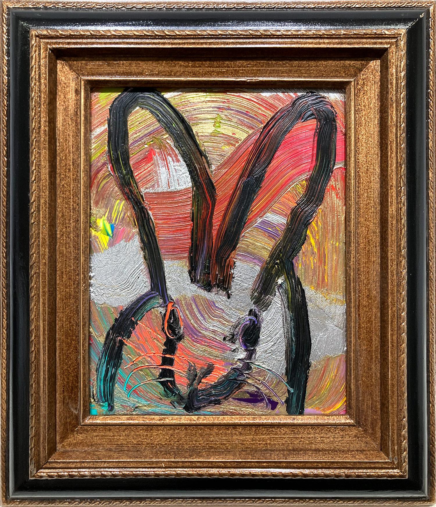 Hunt Slonem Abstract Painting - "Foley" Black Outlined Bunny on Multicolor Background Oil Painting on Wood Panel