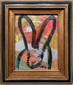 "Foley" Black Outlined Bunny on Multicolor Background Oil Painting on Wood Panel