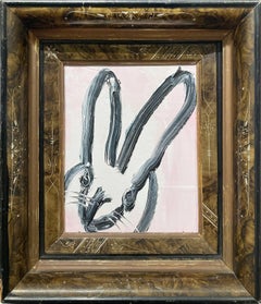 pink and black hyde "Geoffrey" Black Bunny on Light Pink Background Oil Painting on Wood Panel