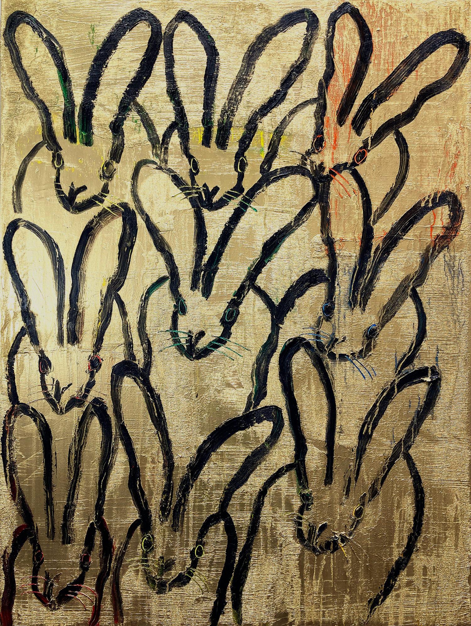 Peinture à l'huile sur toile « Georgia Bound » représentant des lapins multicolores sur fond doré