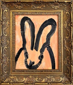 "Georgia Peach" Black Bunny on Light Orange Oil Painting on Wood Panel Framed