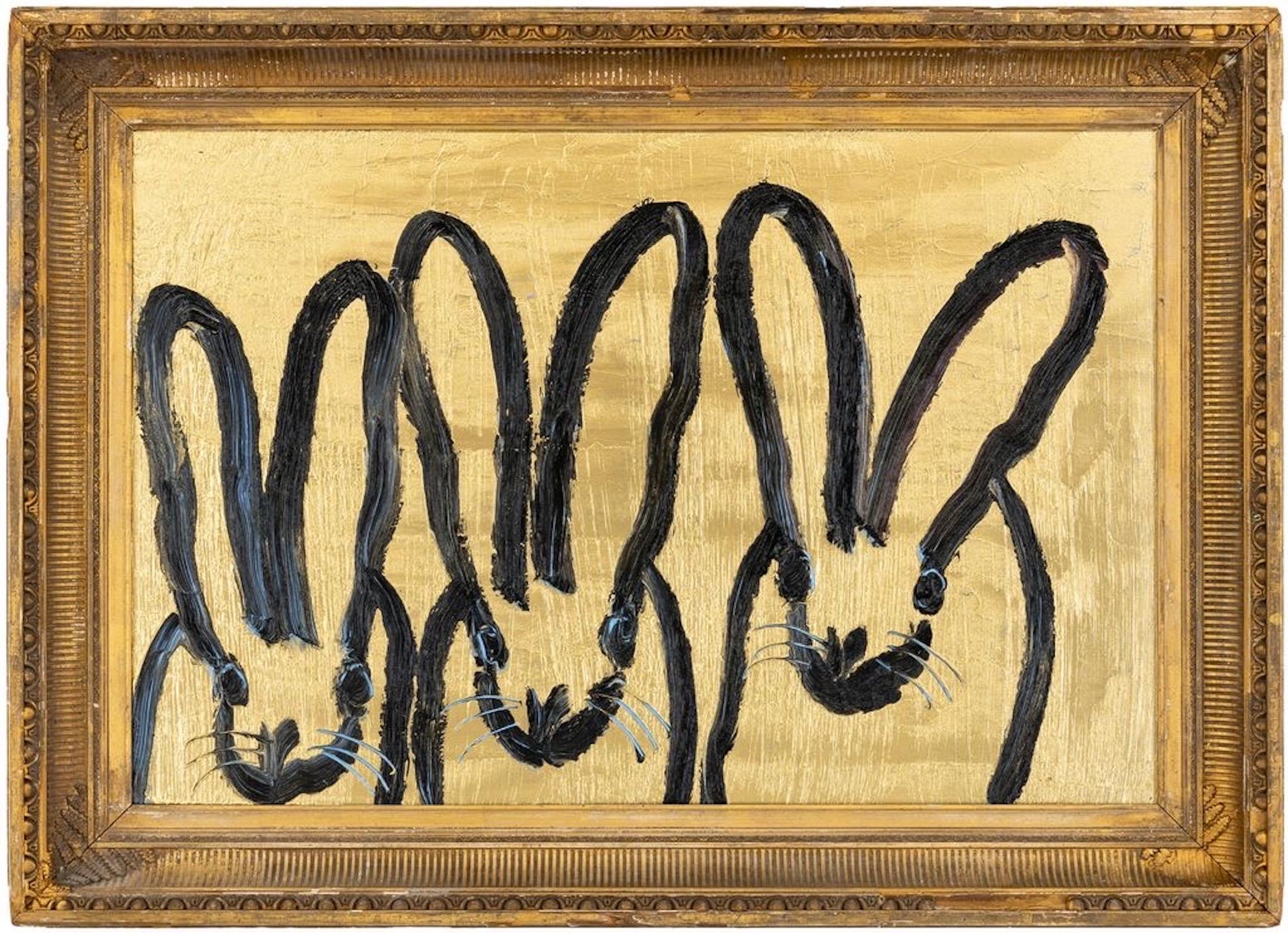 Hunt Slonem Animal Painting - Gold and Black Bunnies Oil Painting in Ornate Vintage Frame