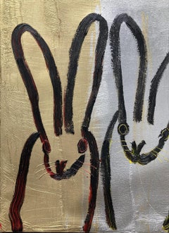 "Gold & Silver Bunny's" Double Bunnies on Gold & Silver Background Oil Painting
