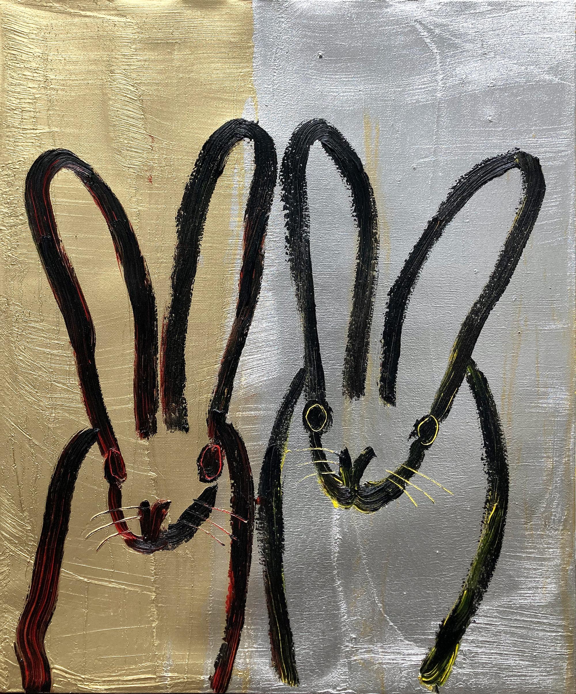 "Gold & Silver Bunny's" Double Bunnies on Gold & Silver Background Oil Painting