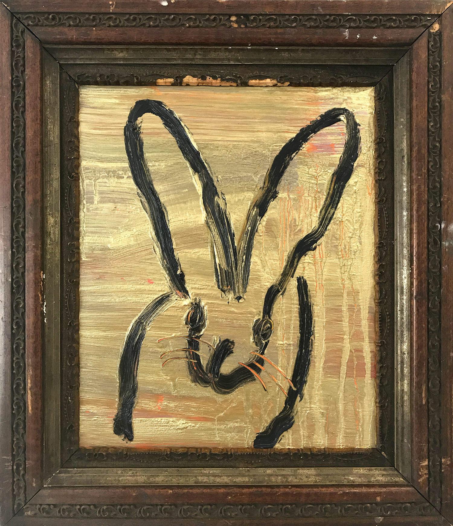 "Golden" (Black Bunny on Gold Background with Multi Colored accents) Oil on Wood