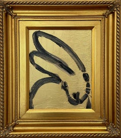 "Golden Dream" Black Outline Bunny on Gold Background Oil Painting Framed