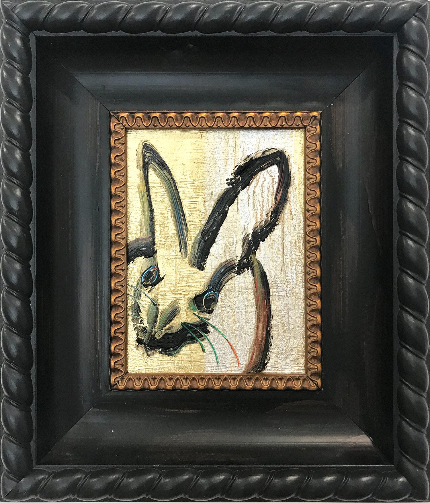 Hunt Slonem Abstract Painting - "Golden Girl" (Black Bunny on Gold with Green, Red, Blue Accents)