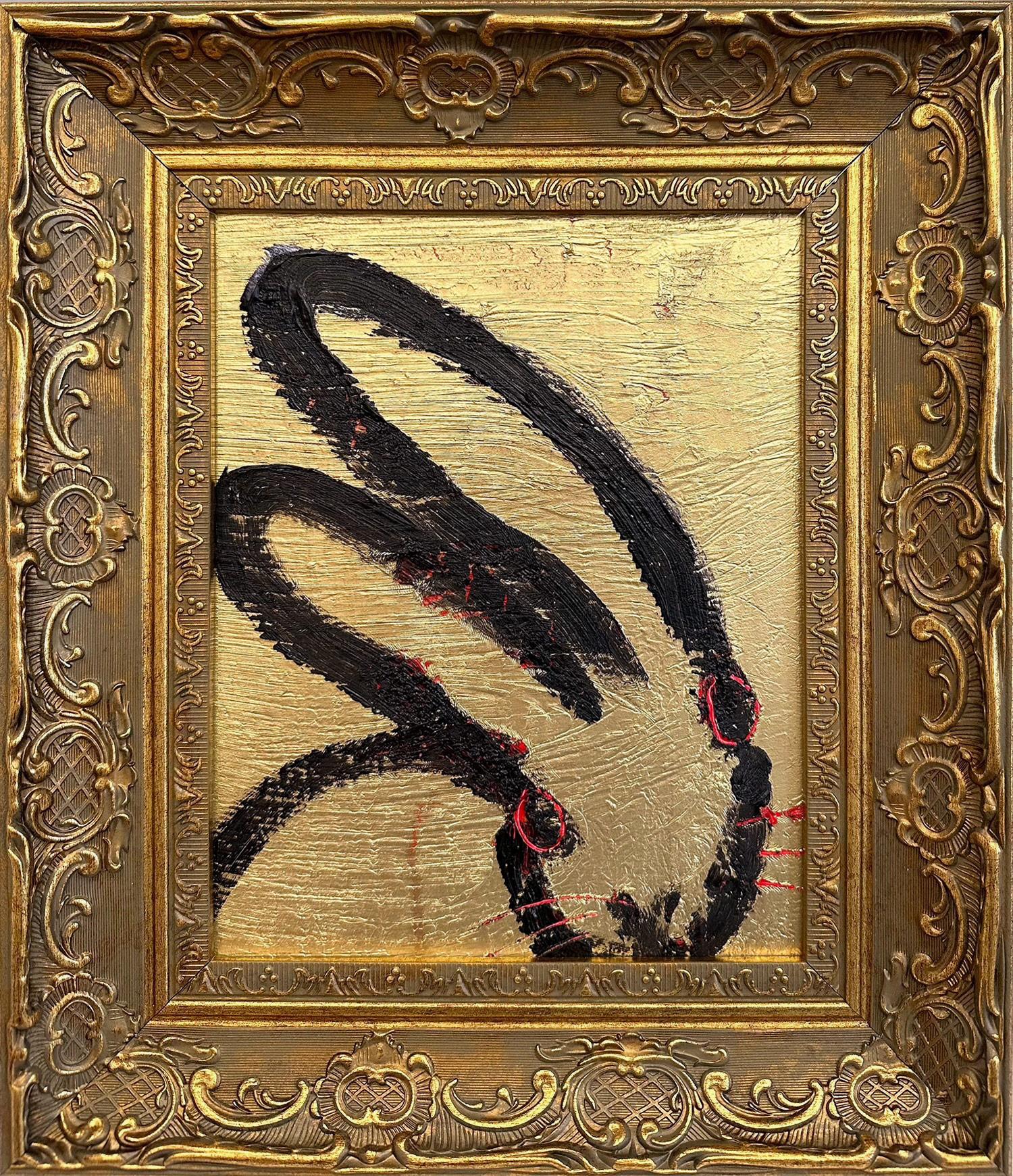 "Niña de oro" Conejita de contorno negro sobre fondo dorado Pintura al óleo Enmarcada