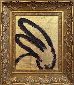 "Golden Girl" Black Outline Bunny on Gold Background Oil Painting Framed