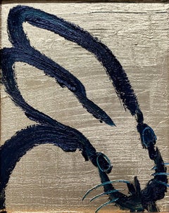 "Golden Leap" Black Outlined Bunny on Gold Background Oil Painting on Wood Panel