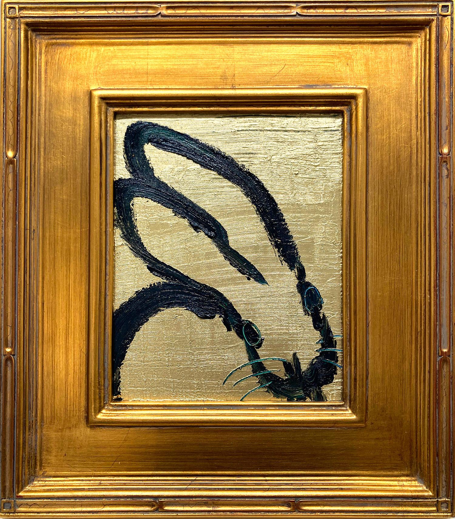 Hunt Slonem Abstract Painting - "Golden Leap" Black Outlined Bunny on Gold Background Oil Painting on Wood Panel