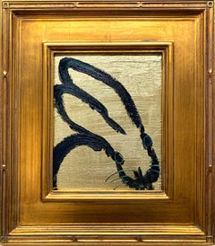 "Golden Leap" Black Outlined Bunny on Gold Background Oil Painting on Wood Panel