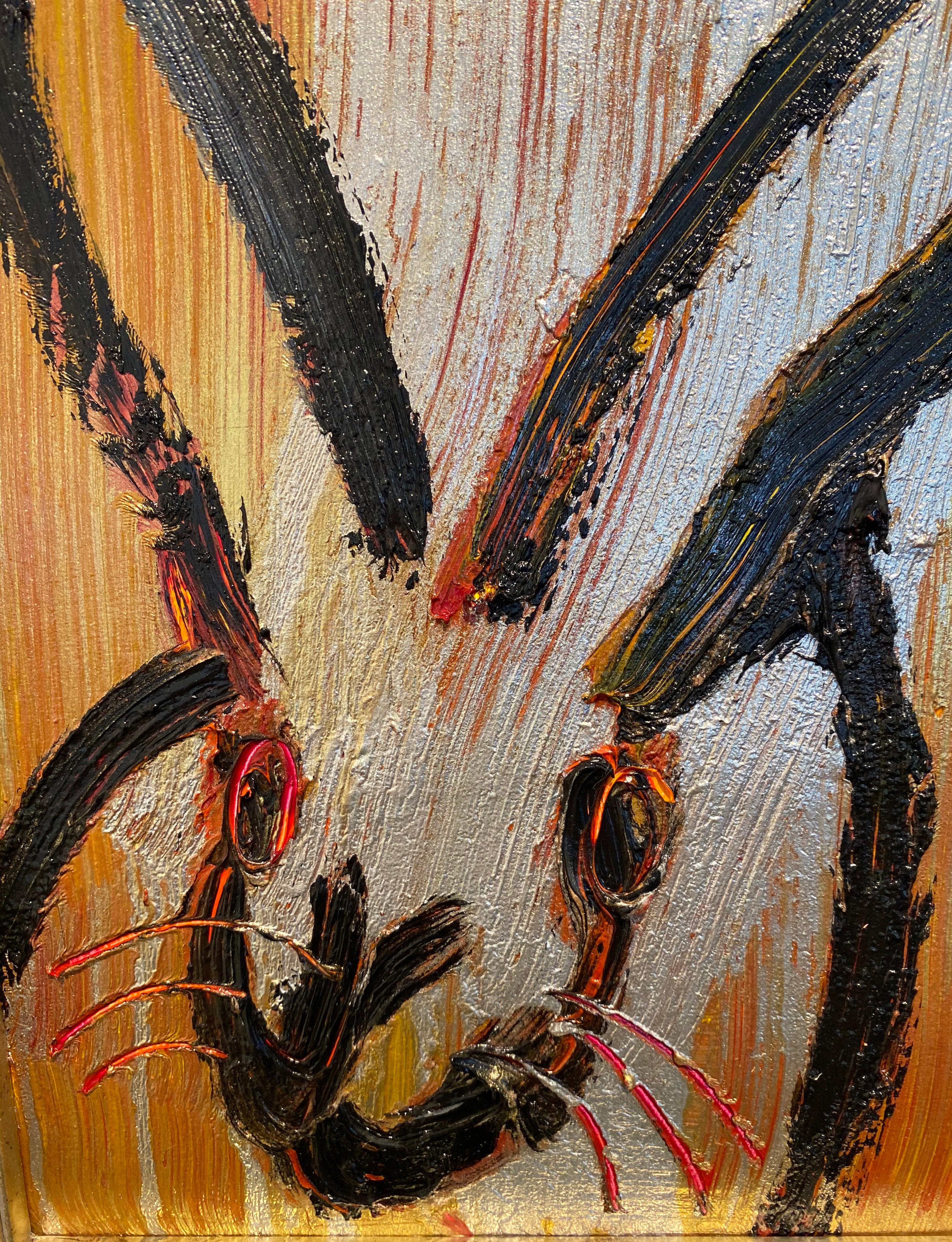 Golden- Neo- Expressionist bunny painting by Hunt Slonem 3