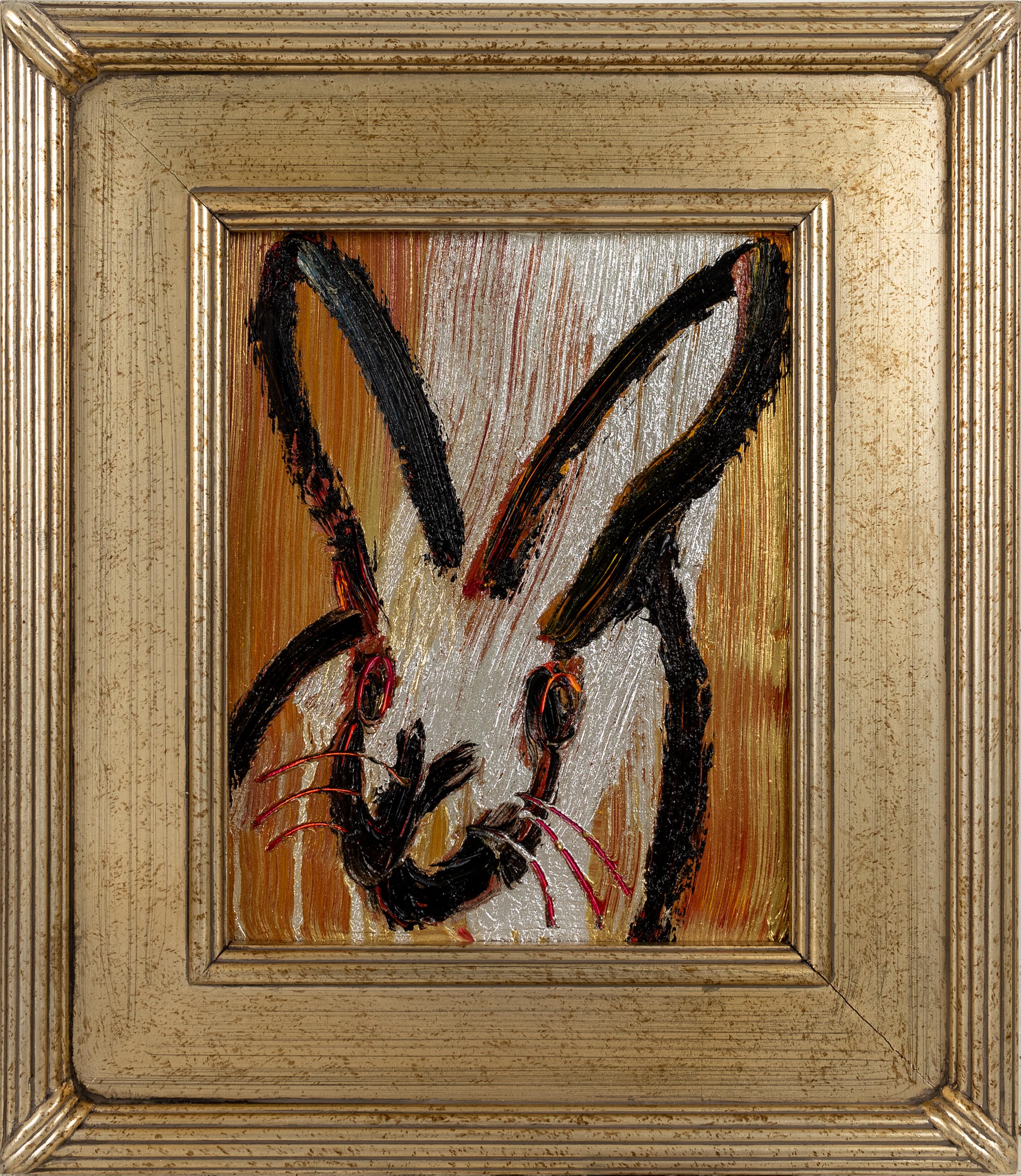 Painting size: 10 x 8 inches 
Framed Size: 15 x 13 inches
This gold, silver, bronze and black bunny demonstrates Hunt Slonem's  neo-expressionist style. Framed in a vintage frame.   These layered, and thickly painted smaller pieces exemplify his