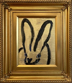 "Lugar dorado" Conejito de contorno negro sobre fondo dorado Pintura al óleo Enmarcada