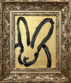 "Golden Pond" Black Outline Bunny on Gold Background Oil Painting Framed