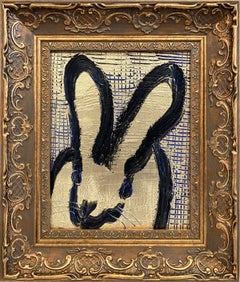 "Goldrings" Black Outline Bunny Gold Background Oil Painting Wood Panel Framed
