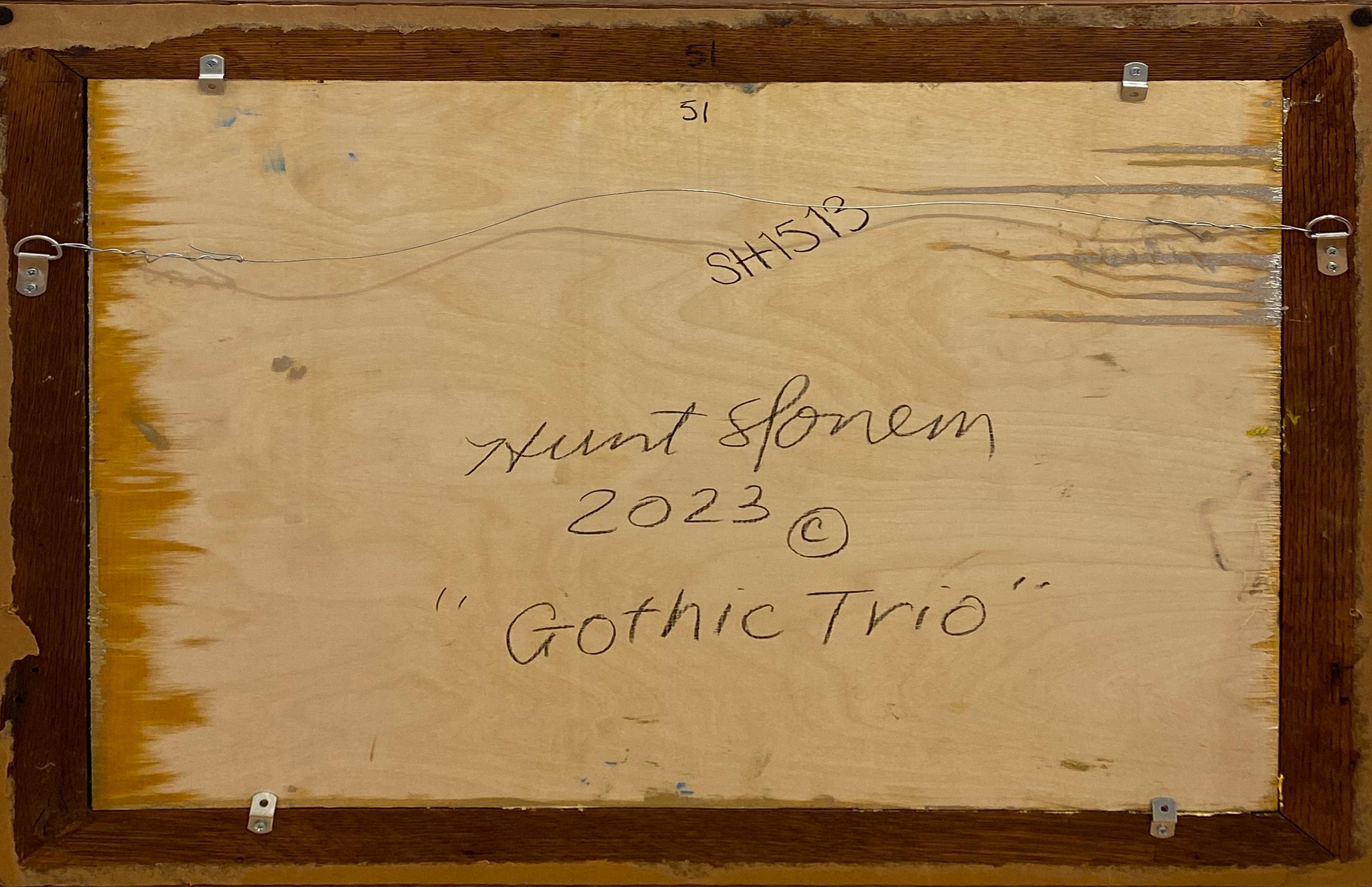Artist:  Slonem, Hunt
Title:  Gothic Trio
Series:  Bunnies
Date:  2023
Medium:  Oil on Wood
Unframed Dimensions:  21