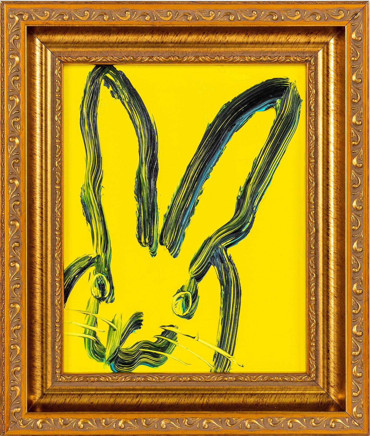 Hunt Slonem Abstract Painting - "Gracie" (Black Outlined Bunny on Electric Yellow) Oil Painting on Wood Panel