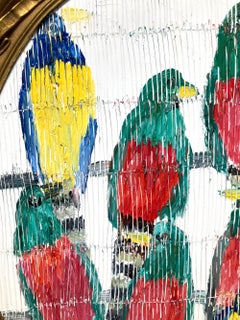 "Grand Mott Mott" Multicolored Birds with Background Oil Painting on Wood Framed