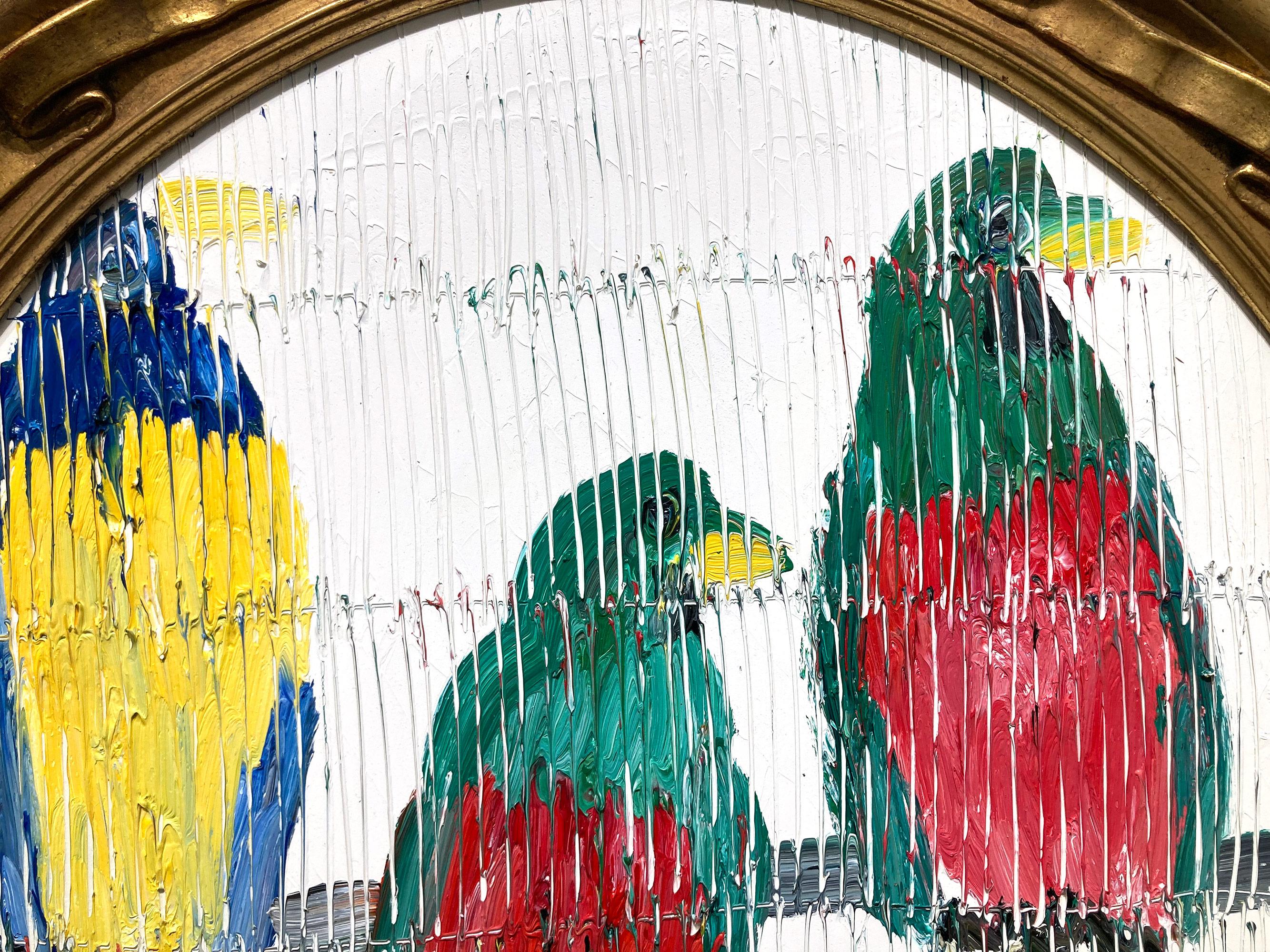 A wonderful composition of one of Slonem's most iconic subjects of birds. The thick use of paint is greatly recognizable as he slathers on layer after layer of oil paint with multicolored hues on a rich white background. He then draws in these